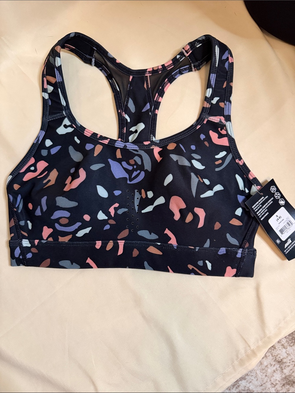 Avia Black Racerback Sports Bra with Pink, Blue & Gray Print